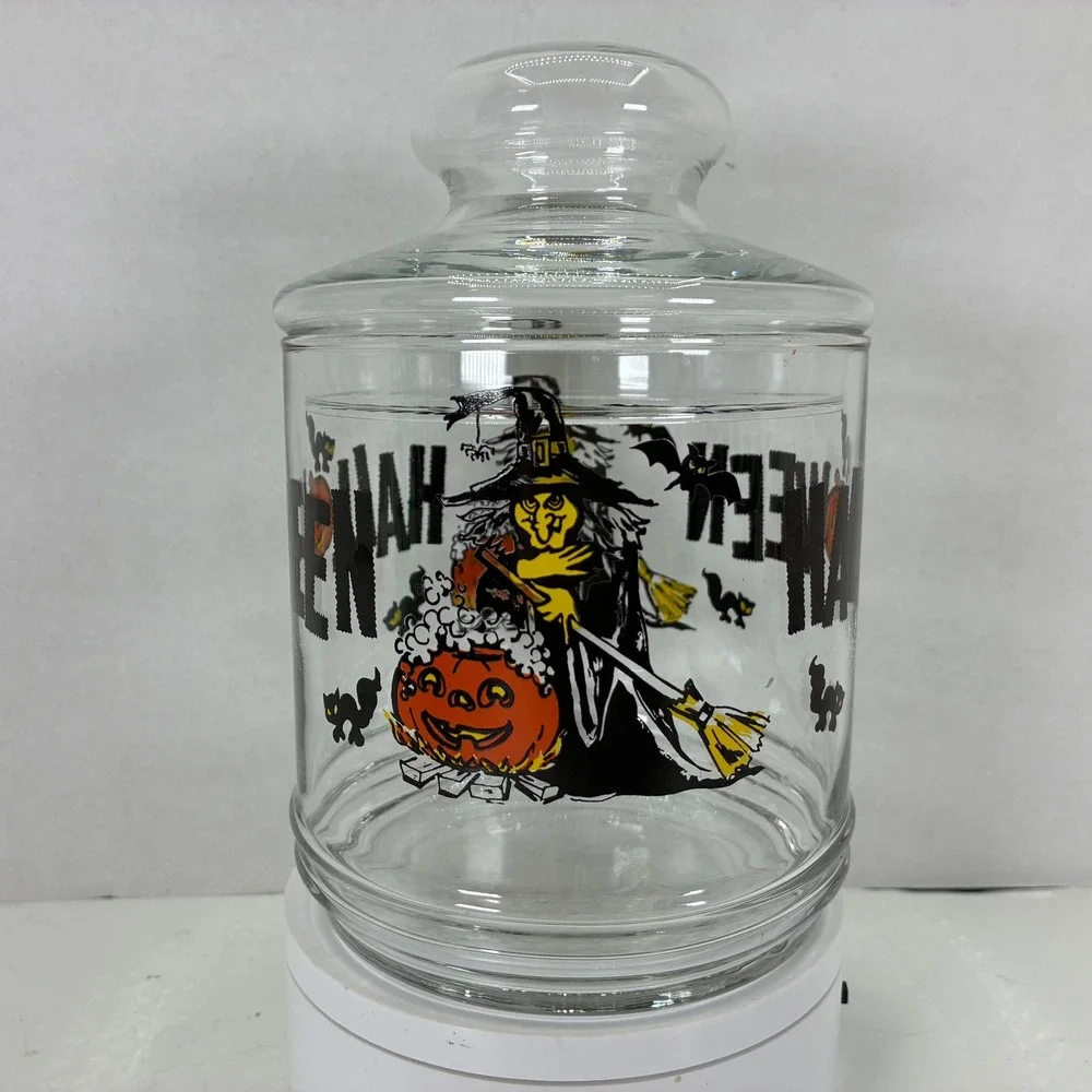 Vintage Halloween Glass Candy Jar Witch Black Cat Pumpkin Apothecary Canister